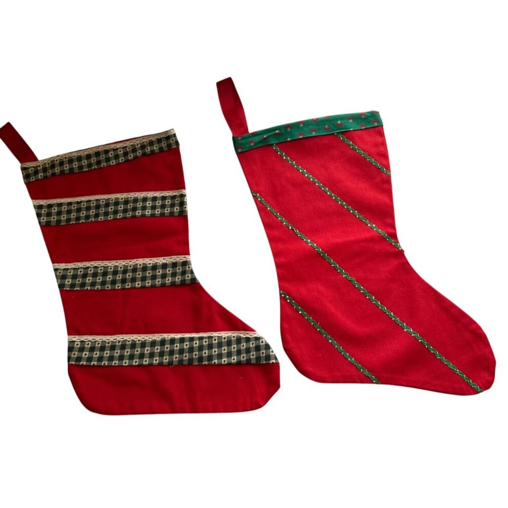 Handmade Vintage Christmas Stockings Red Cotton Green Gingham Trim Holiday Decor